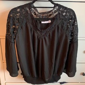 Black peasant blouse with lace and bell sleeves